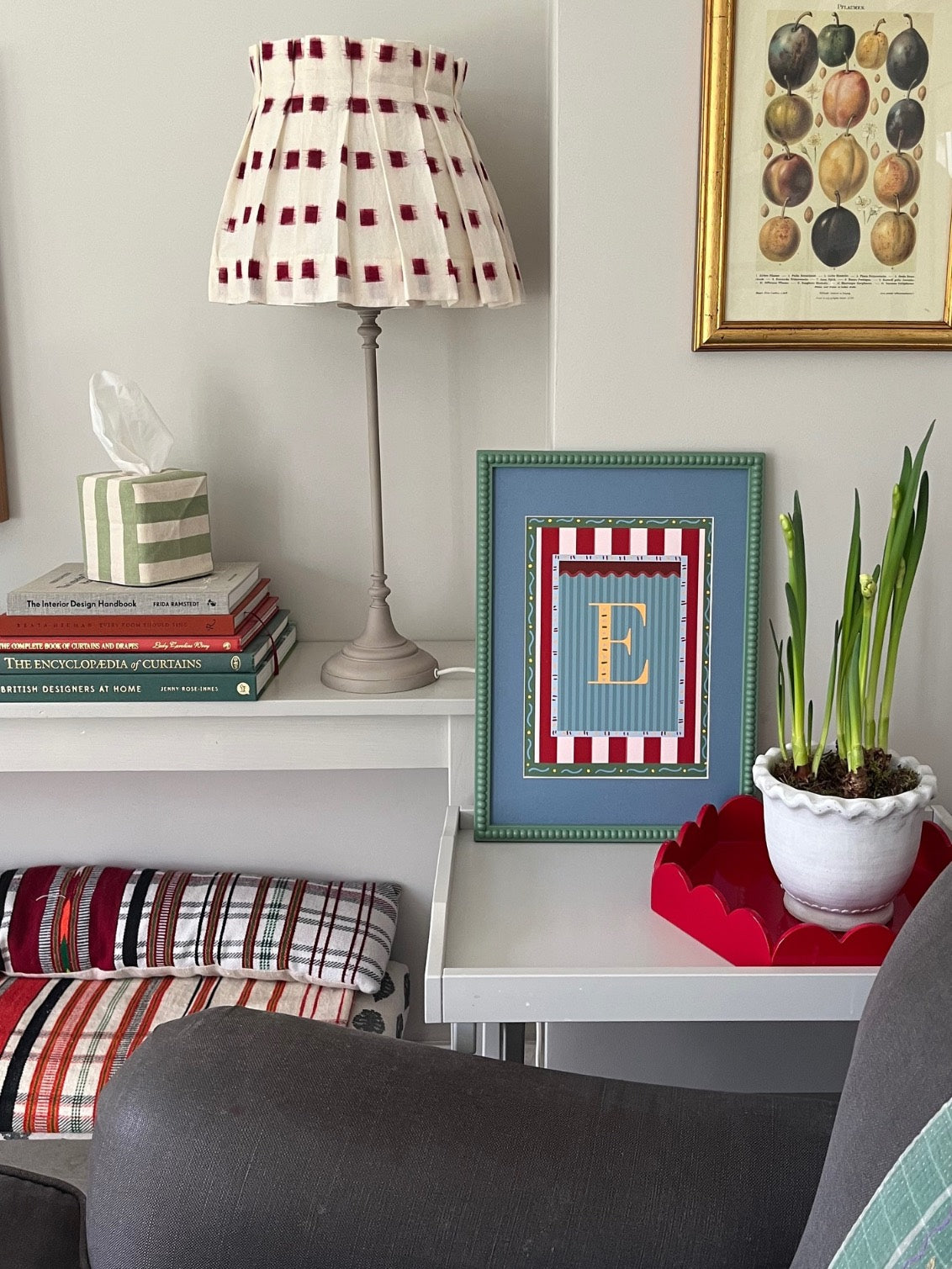 Framed alphabet wall art featuring the letter ‘B’ in yellow on a blue striped background with colorful decorative borders, perfect for nursery decor, kids and baby room styling, or unique alphabet print gift idea.