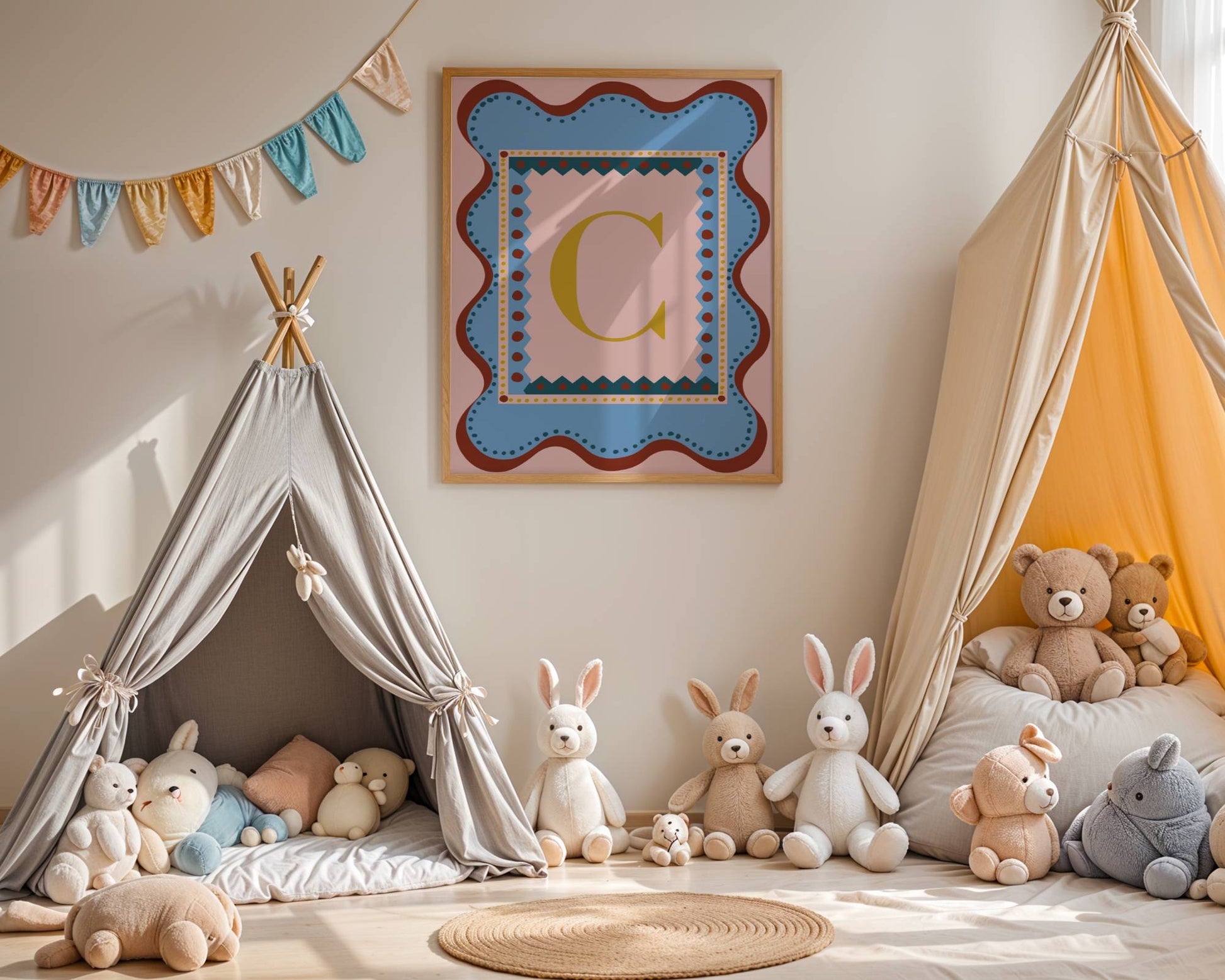 Playful alphabet wall art featuring the letter ‘H’ in a bold gold font, set against a pink and blue patterned background with wavy borders—perfect as a decorative nursery or children’s bedroom/playroom print and a charming, unique gift idea for adults and kids alike. 