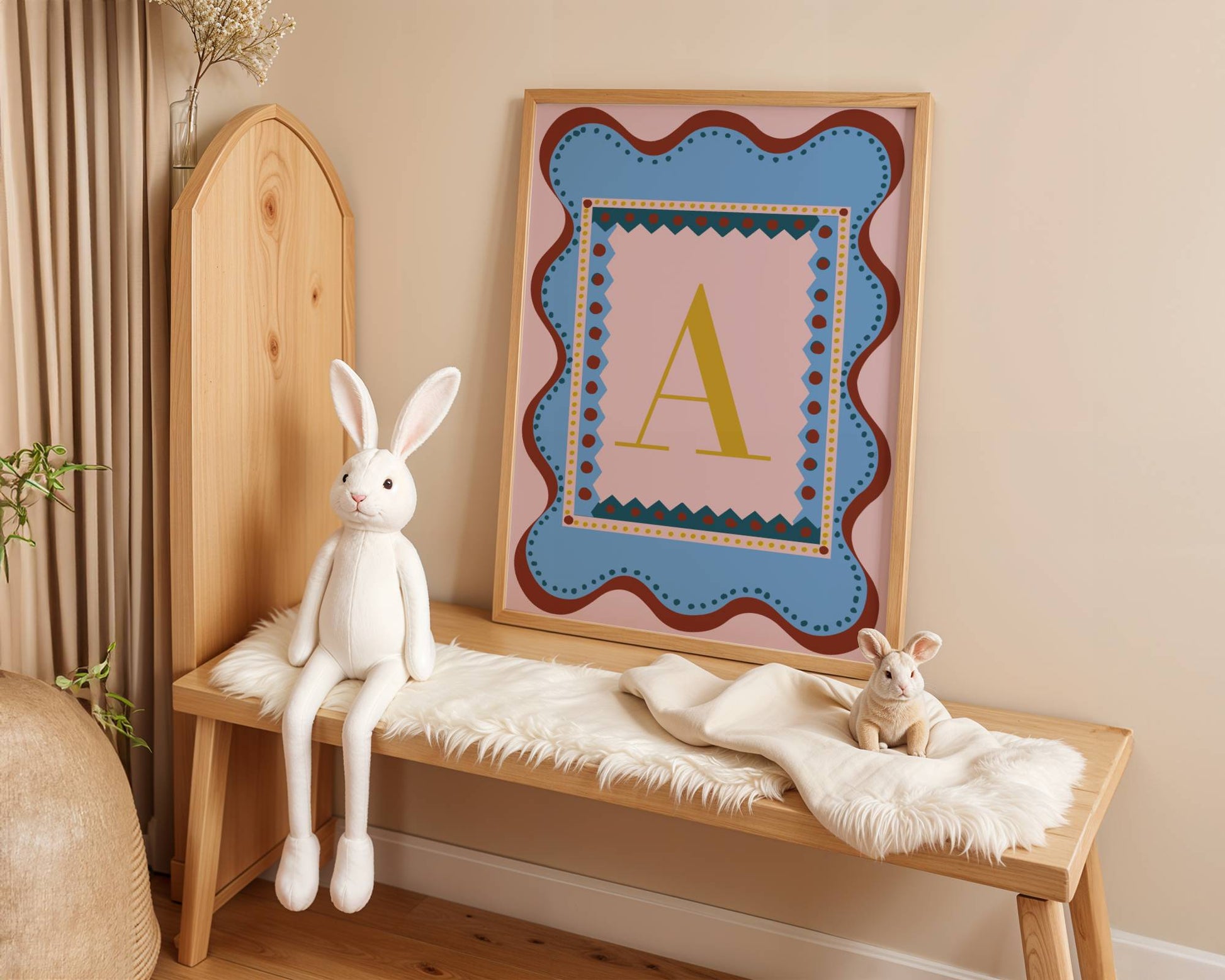 Playful alphabet wall art featuring the letter ‘H’ in a bold gold font, set against a pink and blue patterned background with wavy borders—perfect as a decorative nursery or children’s bedroom/playroom print and a charming, unique gift idea for adults and kids alike. 
