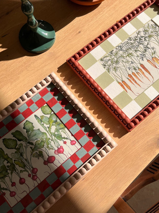 Decorative striped and checkered picture mounts in earthy muted tones—ideal for enhancing botanical art prints and adding a unique, handcrafted touch to home decor or gift presentations