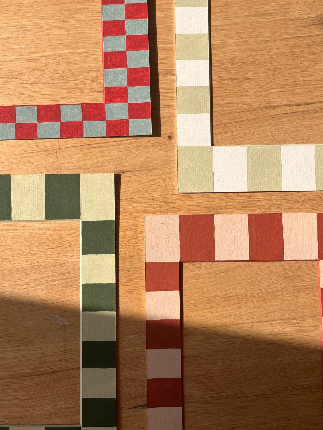 Decorative striped and checkered picture mounts in earthy muted tones—ideal for enhancing botanical art prints and adding a unique, handcrafted touch to home decor or gift presentations