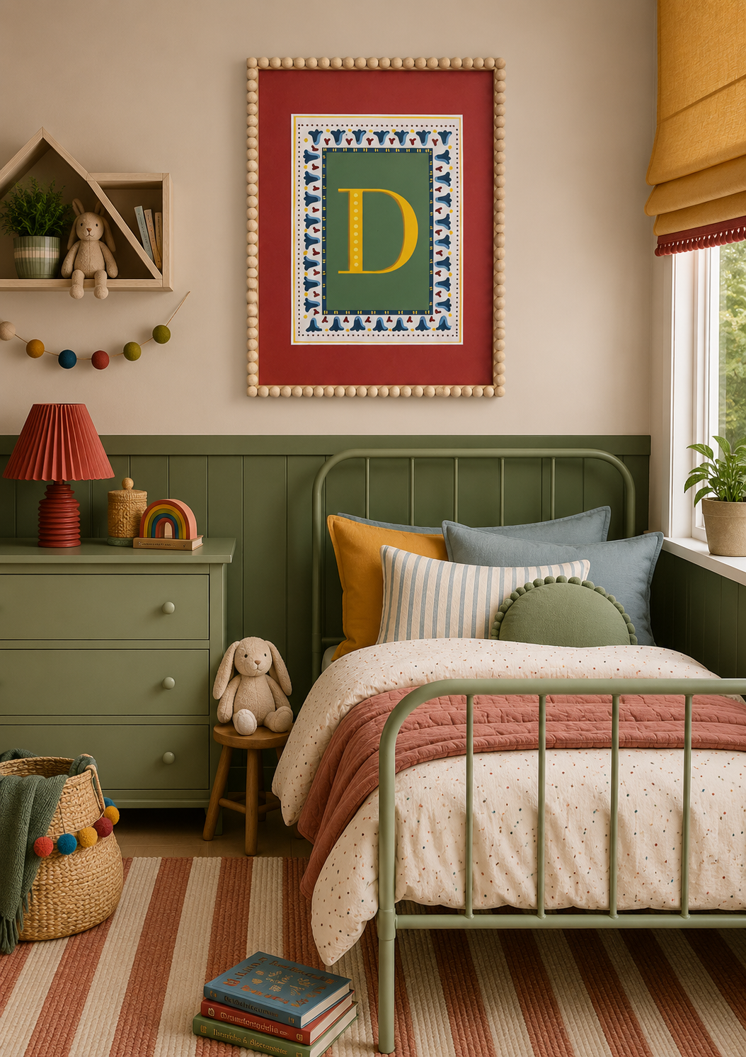 Personalised vintage initial letter print featuring a mustard yellow alphabet letter on a muted sage green background with blue floral border and dusty red striped detailing, styled in a light wooden bobbin frame for a gender-neutral nursery or children's bedroom.