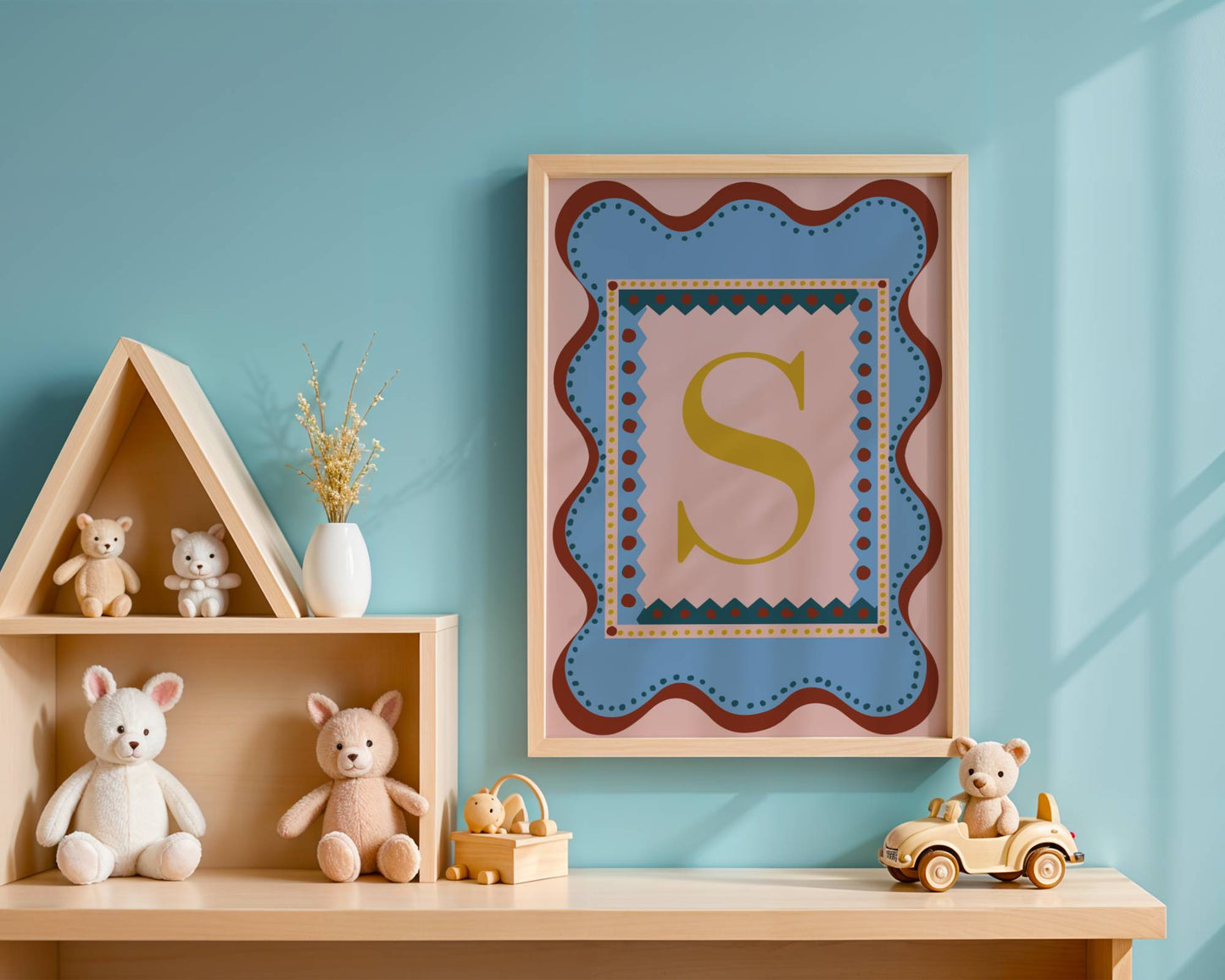 Playful alphabet wall art featuring the letter ‘H’ in a bold gold font, set against a pink and blue patterned background with wavy borders—perfect as a decorative nursery or children’s bedroom/playroom print and a charming, unique gift idea for adults and kids alike. 