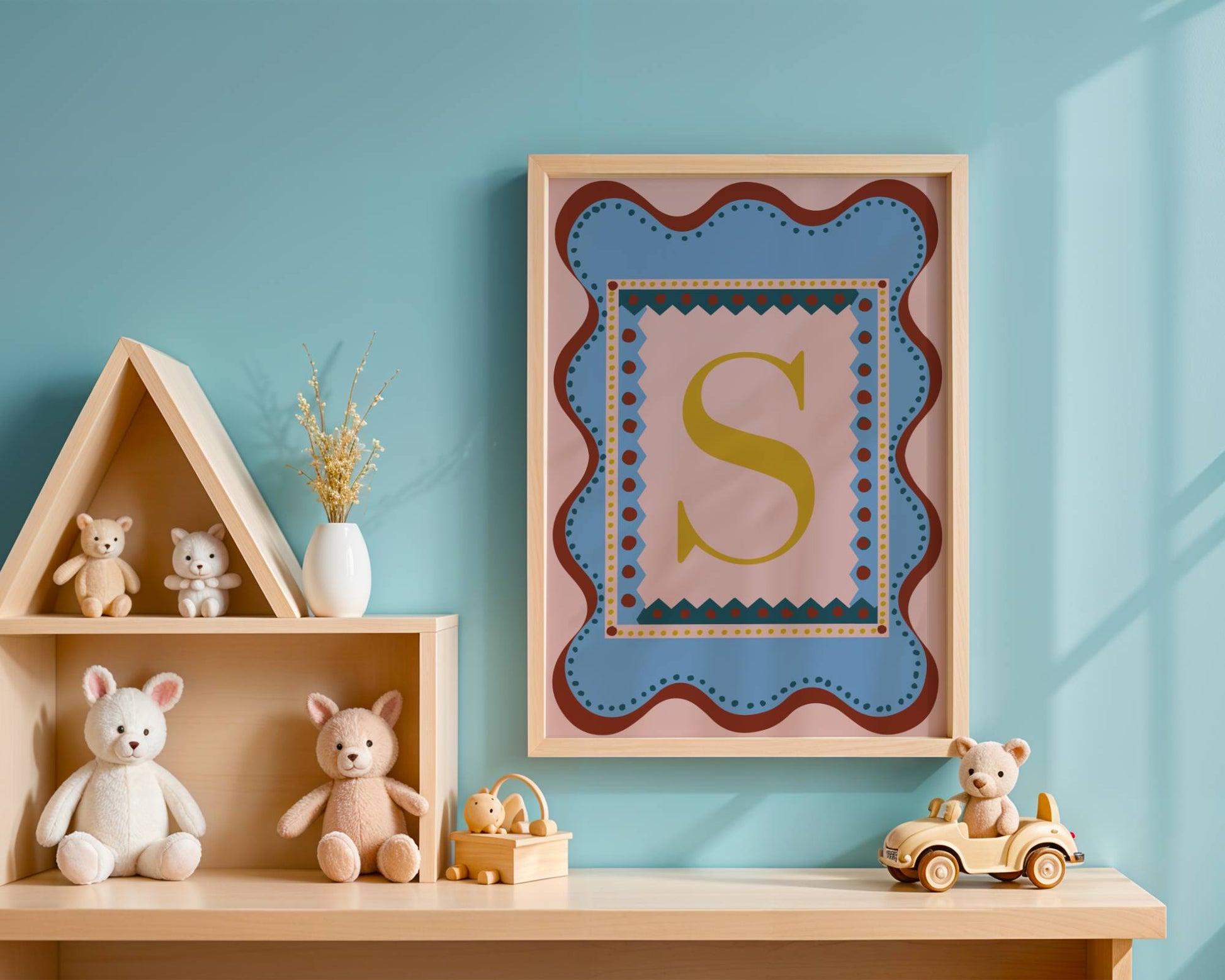 Playful alphabet wall art featuring the letter ‘H’ in a bold gold font, set against a pink and blue patterned background with wavy borders—perfect as a decorative nursery or children’s bedroom/playroom print and a charming, unique gift idea for adults and kids alike. 