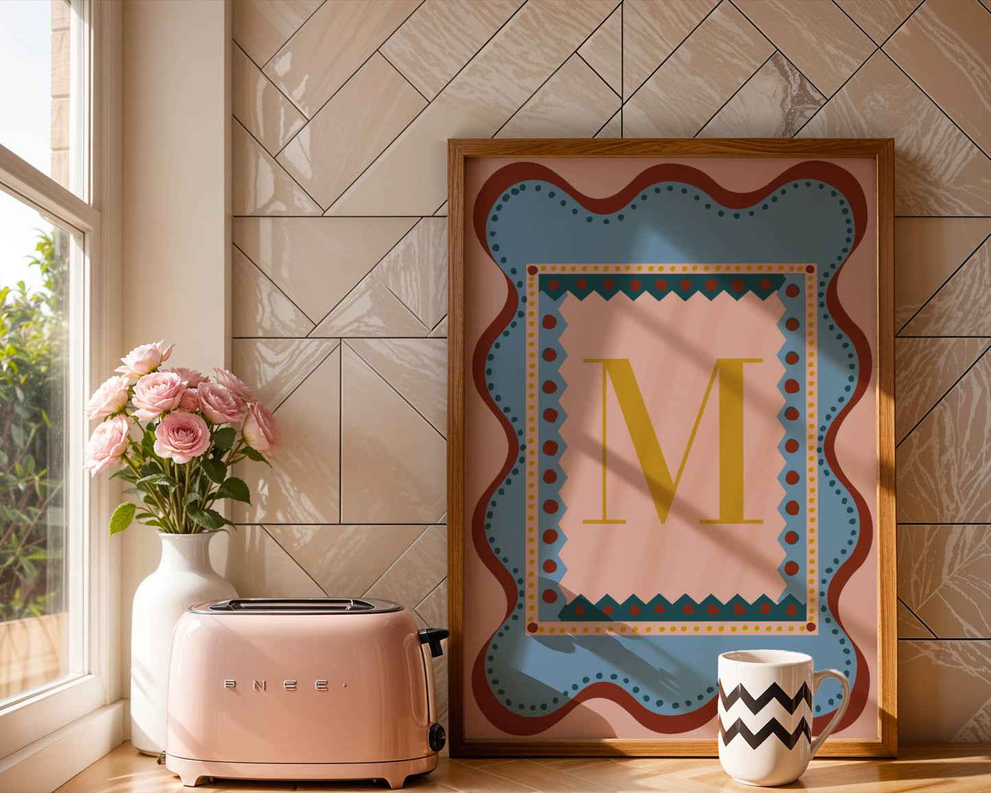 Playful alphabet wall art featuring the letter ‘H’ in a bold gold font, set against a pink and blue patterned background with wavy borders—perfect as a decorative nursery or children’s bedroom/playroom print and a charming, unique gift idea for adults and kids alike. 